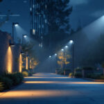 A photograph of a well-lit outdoor space featuring strategically placed security lamps that enhance safety and ambiance