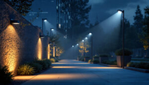 A photograph of a well-lit outdoor space featuring strategically placed security lamps that enhance safety and ambiance