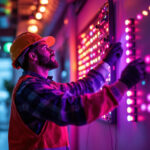 A photograph of a lighting contractor expertly installing rgb led lights in a modern space