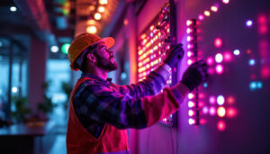 A photograph of a lighting contractor expertly installing rgb led lights in a modern space