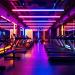 A photograph of a modern gym interior illuminated by vibrant led lighting