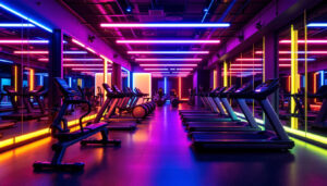 A photograph of a modern gym interior illuminated by vibrant led lighting