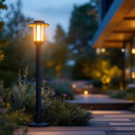 A photograph of a beautifully designed post lamp illuminating a modern outdoor space