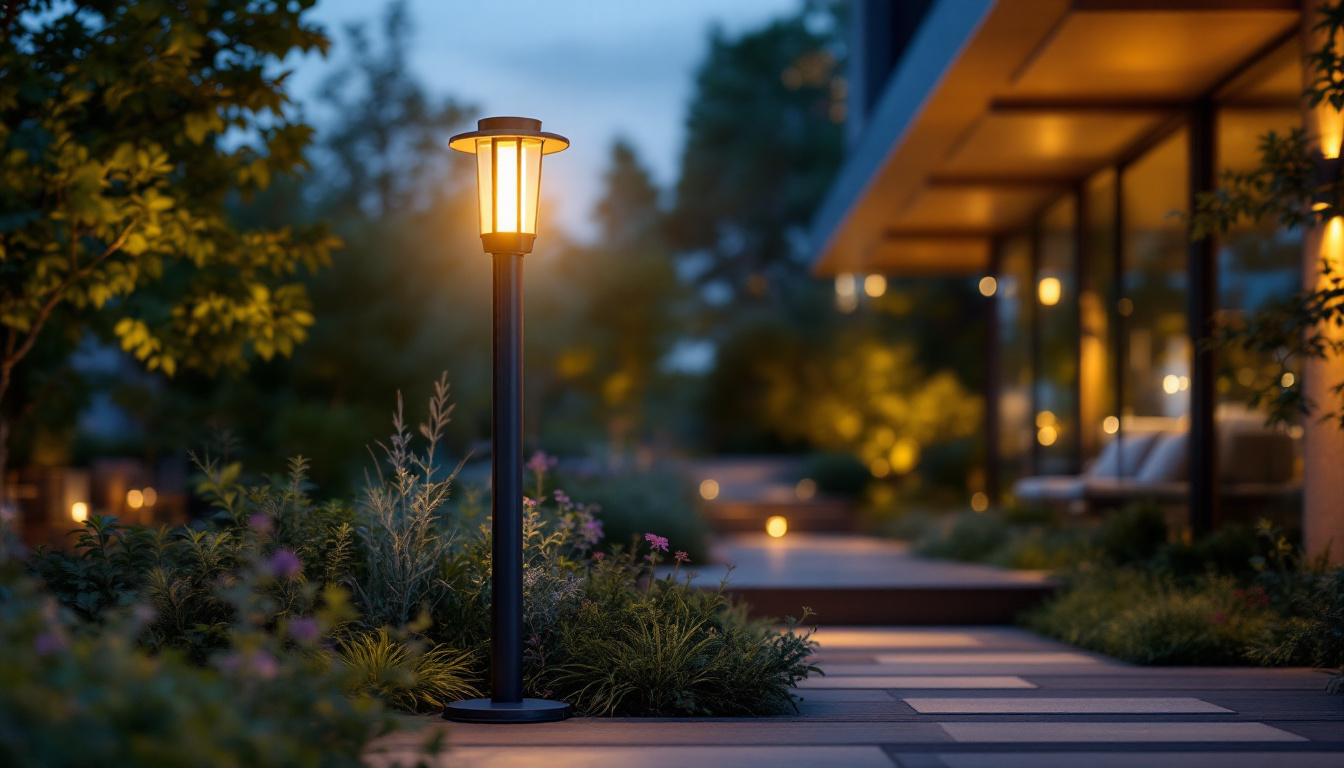 A photograph of a beautifully designed post lamp illuminating a modern outdoor space