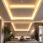 A photograph of a beautifully designed interior space featuring false ceiling lights in contrast with various alternative lighting options