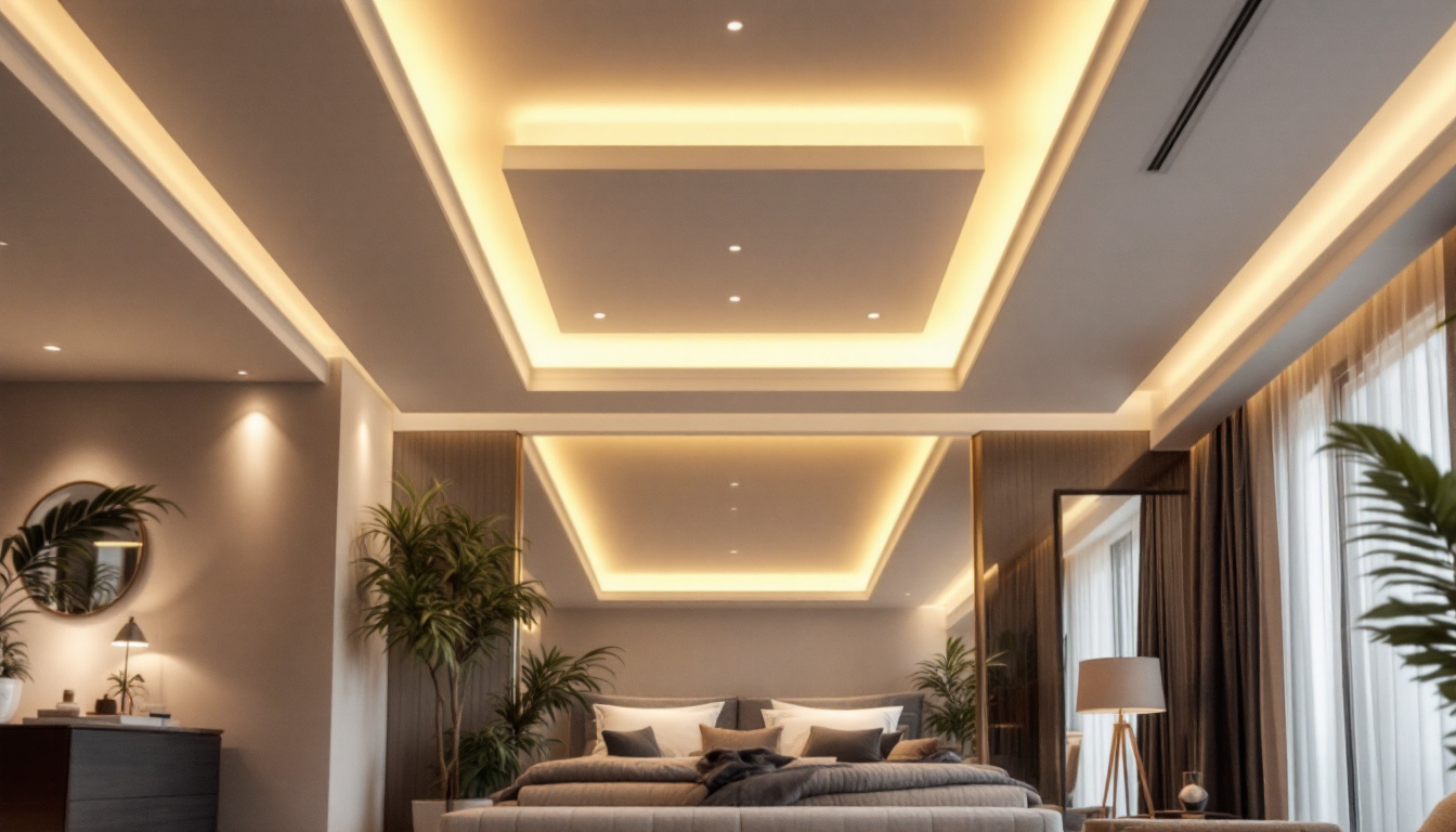 A photograph of a beautifully designed interior space featuring false ceiling lights in contrast with various alternative lighting options