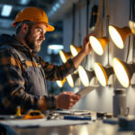 A photograph of a professional lighting contractor examining a well-lit space