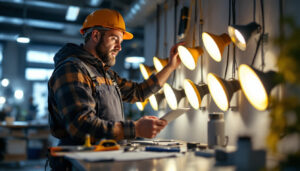 A photograph of a professional lighting contractor examining a well-lit space
