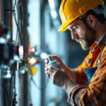 A photograph of a skilled lighting contractor examining and installing an electric light ballast in a well-lit workspace