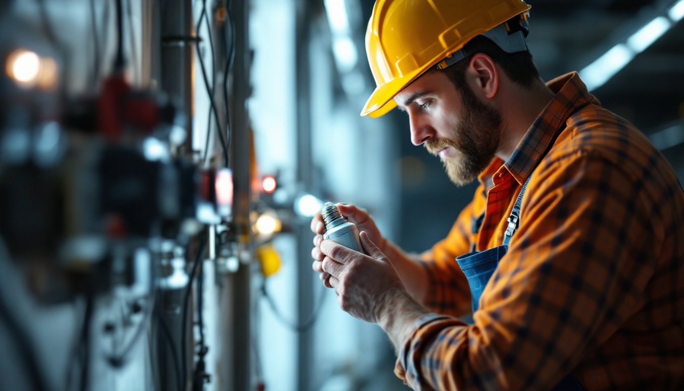A photograph of a skilled lighting contractor examining and installing an electric light ballast in a well-lit workspace