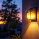 A photograph of a beautifully illuminated outdoor space featuring solar wall-mounted lights