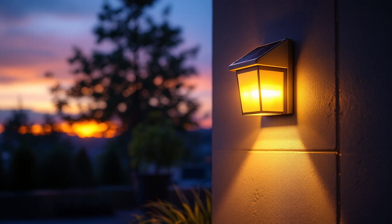 A photograph of a beautifully illuminated outdoor space featuring solar wall-mounted lights