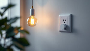 A photograph of a stylish single plug wall outlet in a well-lit room