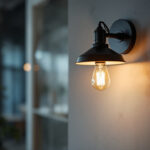 A photograph of a stylishly designed wall industrial light fixture installed in a modern workspace