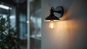 A photograph of a stylishly designed wall industrial light fixture installed in a modern workspace