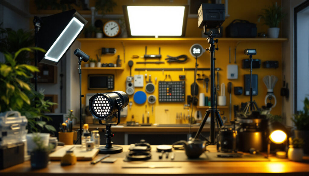 A photograph of a well-organized workspace featuring various led lighting kits