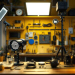 A photograph of a well-organized workspace featuring various led lighting kits
