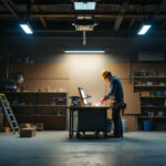A photograph of a well-lit workshop or garage featuring various 4ft led shop lights in use
