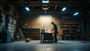A photograph of a well-lit workshop or garage featuring various 4ft led shop lights in use