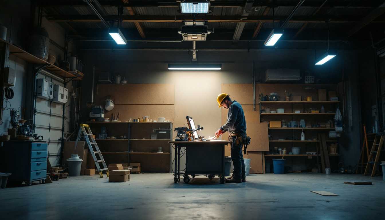 A photograph of a well-lit workshop or garage featuring various 4ft led shop lights in use