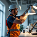 A photograph of a lighting contractor in action