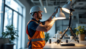 A photograph of a lighting contractor in action