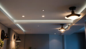 A photograph of a well-lit basement ceiling featuring various stylish and functional lighting fixtures
