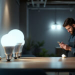 A photograph of a well-lit indoor space showcasing a variety of 4-inch led bulbs in different settings