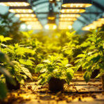 A photograph of a well-lit greenhouse interior showcasing various grow lights in action