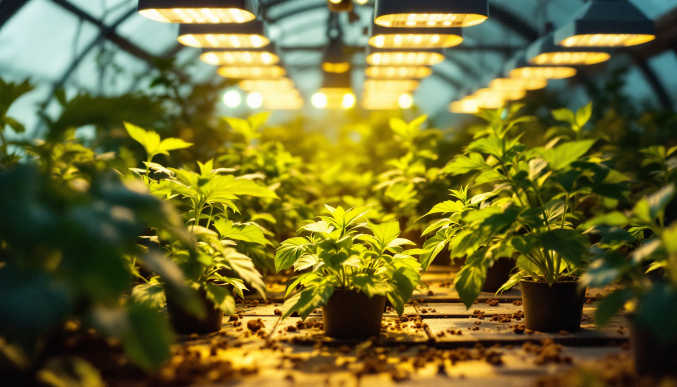 A photograph of a well-lit greenhouse interior showcasing various grow lights in action