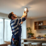 A photograph of a skilled lighting contractor installing energy-efficient led fixtures in a modern residential space
