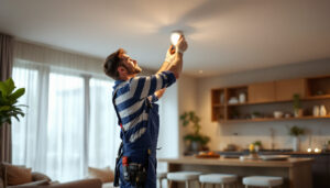 A photograph of a skilled lighting contractor installing energy-efficient led fixtures in a modern residential space