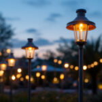 A photograph of a beautifully illuminated outdoor space featuring various styles of cylinder light fixtures in use