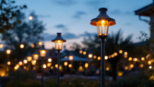 A photograph of a beautifully illuminated outdoor space featuring various styles of cylinder light fixtures in use