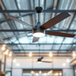 A photograph of a well-lit industrial outdoor space showcasing a stylish ceiling fan in action