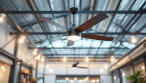 A photograph of a well-lit industrial outdoor space showcasing a stylish ceiling fan in action