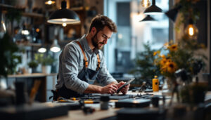 A photograph of a lighting contractor at work