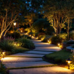 A photograph of a beautifully illuminated garden at dusk