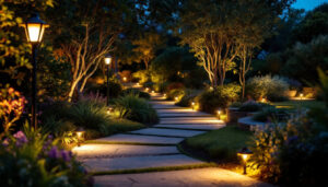 A photograph of a beautifully illuminated garden at dusk