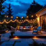 A photograph of a beautifully illuminated outdoor patio scene at dusk