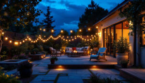 A photograph of a beautifully illuminated outdoor patio scene at dusk