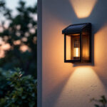 A photograph of a beautifully designed solar outdoor wall lantern installed on a stylish exterior wall