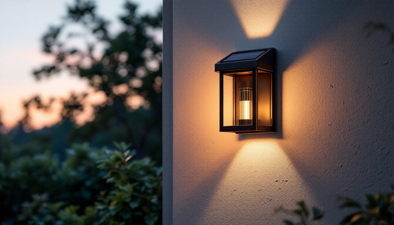 A photograph of a beautifully designed solar outdoor wall lantern installed on a stylish exterior wall
