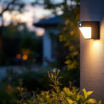 A photograph of a well-lit outdoor space featuring a stylish motion sensor light installed in a garden or pathway setting