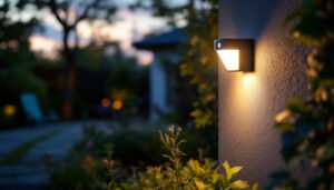 A photograph of a well-lit outdoor space featuring a stylish motion sensor light installed in a garden or pathway setting