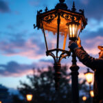 A photograph of a beautifully designed lamp post light fixture in an urban setting