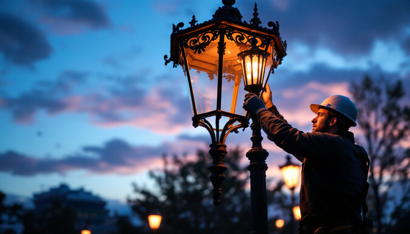 A photograph of a beautifully designed lamp post light fixture in an urban setting
