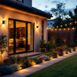 A photograph of a well-lit outdoor space featuring solar led strip lights elegantly installed along a patio or garden area