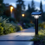 A photograph of a well-lit outdoor space featuring a stylish led solar light illuminating a garden or pathway at dusk