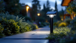 A photograph of a well-lit outdoor space featuring a stylish led solar light illuminating a garden or pathway at dusk
